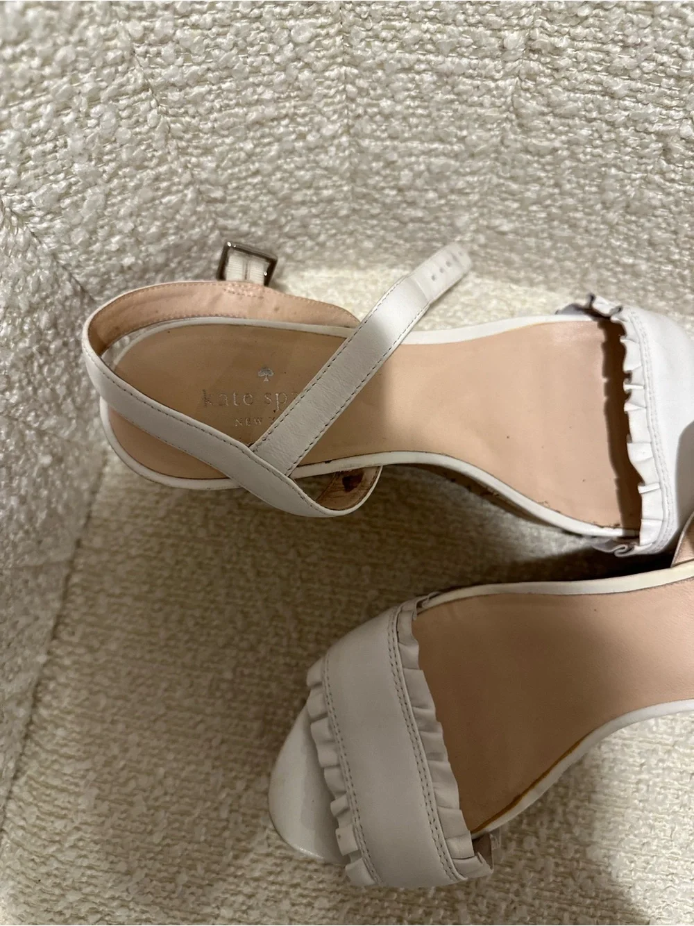 kate spade White Cork Ruffle Wedge Sandals